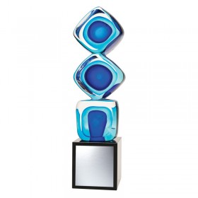 Blue Tri-Cube Glass Trophy 11" H - GA 6129