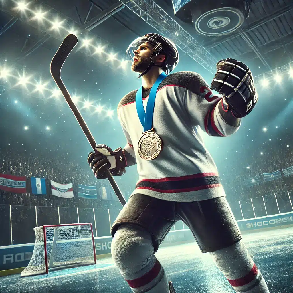 Field hockey player triumphant on the ice, wearing a medal around his neck and holding a field hockey stick.