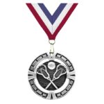 Médaille de lacrosse finition argent avec un ruban bleu, blanc et rouge, personnalisée, série Varsity.