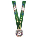 Médaille Baseball Bronze 3 pouces – Série Prestige avec ruban thématique sublimé et gravure personnalisable.