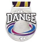 Médaille Danse Argent 3 pouces de la Série Prestige avec finition brillante, couleurs émaillées et ruban thématique inclus. Idéale pour récompenser les performances en danse.