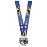Médaille Hockey Argent 3 pouces de la Série Prestige avec finition brillante, couleurs émaillées et ruban sublimé en couleur de 1.5 pouces inclus. Idéale pour récompenser les joueurs de hockey.