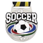 Médaille Soccer Argent 3 pouces de la Série Prestige avec finition brillante, couleurs émaillées et ruban thématique inclus. Idéale pour récompenser les performances en soccer.