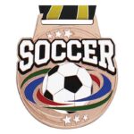 Médaille Soccer Bronze 3 pouces de la Série Prestige avec finition brillante, couleurs émaillées et ruban thématique inclus. Idéale pour récompenser les performances en soccer.