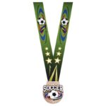 Médaille Soccer Bronze 3 pouces de la Série Prestige avec ruban thématique sublimé en couleur. Idéale pour récompenser les performances exceptionnelles en soccer.
