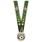 Médaille Soccer Or 3 pouces de la Série Prestige avec son ruban thématique sublimé en couleur. Idéale pour récompenser les performances exceptionnelles en soccer.