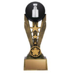 Trophée Hockey Zenith 14 pouces en résine avec rondelle et coupe, idéal pour récompenser les performances des joueurs et des équipes.
