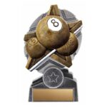 Trophée ProStar 5″ en résine pour billard, personnalisable avec texte et logo. Parfait pour récompenser les champions de billard.