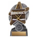 ProStar 5″ resin hockey trophy, customizable with text and logo. Perfect for honoring hockey champions.