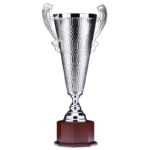 Coupe Prestige Argent 20″ avec poignées sculptées et socle en bois finition acajou octogonal. Trophée idéal pour compétitions et remises de prix.